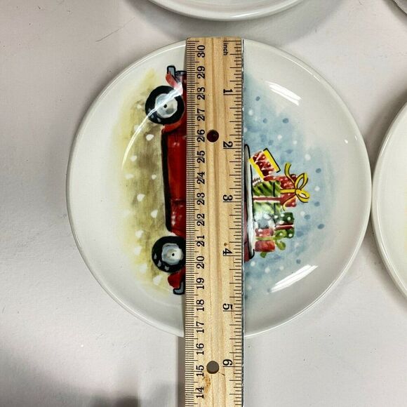 New Maxcera Christmas Side Appetizer Plates Vintage Red Truck Beatle Bug Set 4 - Picture 7 of 7